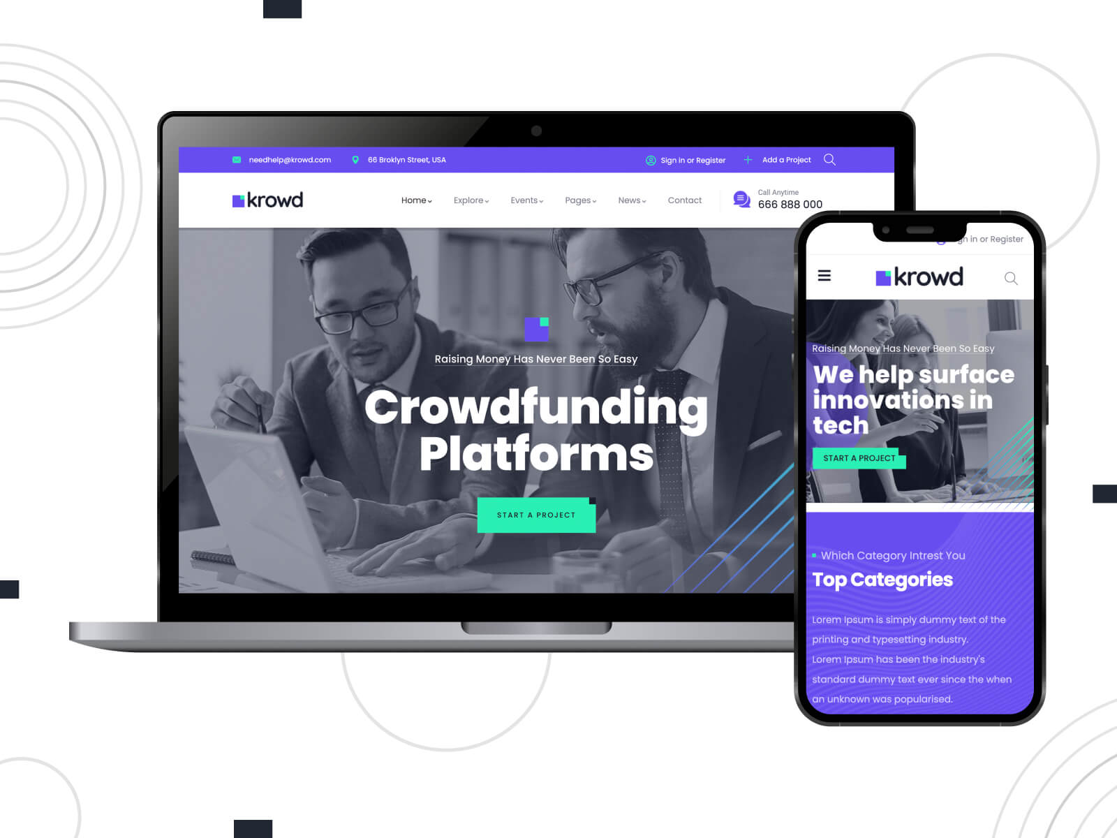 Photo of Krowd - shadowed, crisp, cross-browser compatible charity WordPress theme in dark slate gray, medium slate blue, and turquoise color gradation.