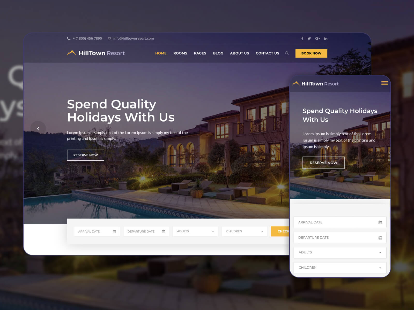 Picture of HillTown - elegant hotel booking WP theme for reservation businesses in whitesmoke, rosybrown, black, dimgray, and darkslategray color array.