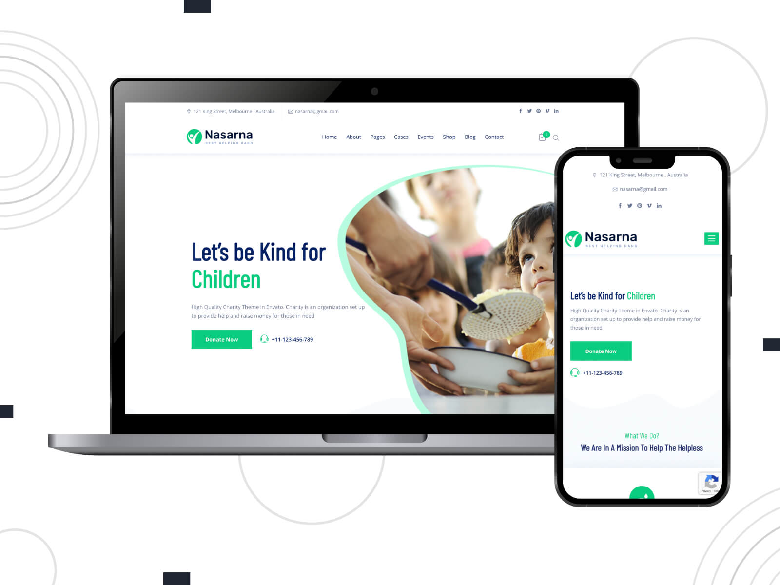 Collage of Nasarna - luminous, rich, fully adaptable charity WordPress theme for fundraisers in light sea green, rosy brown, and dark olive green color scheme.