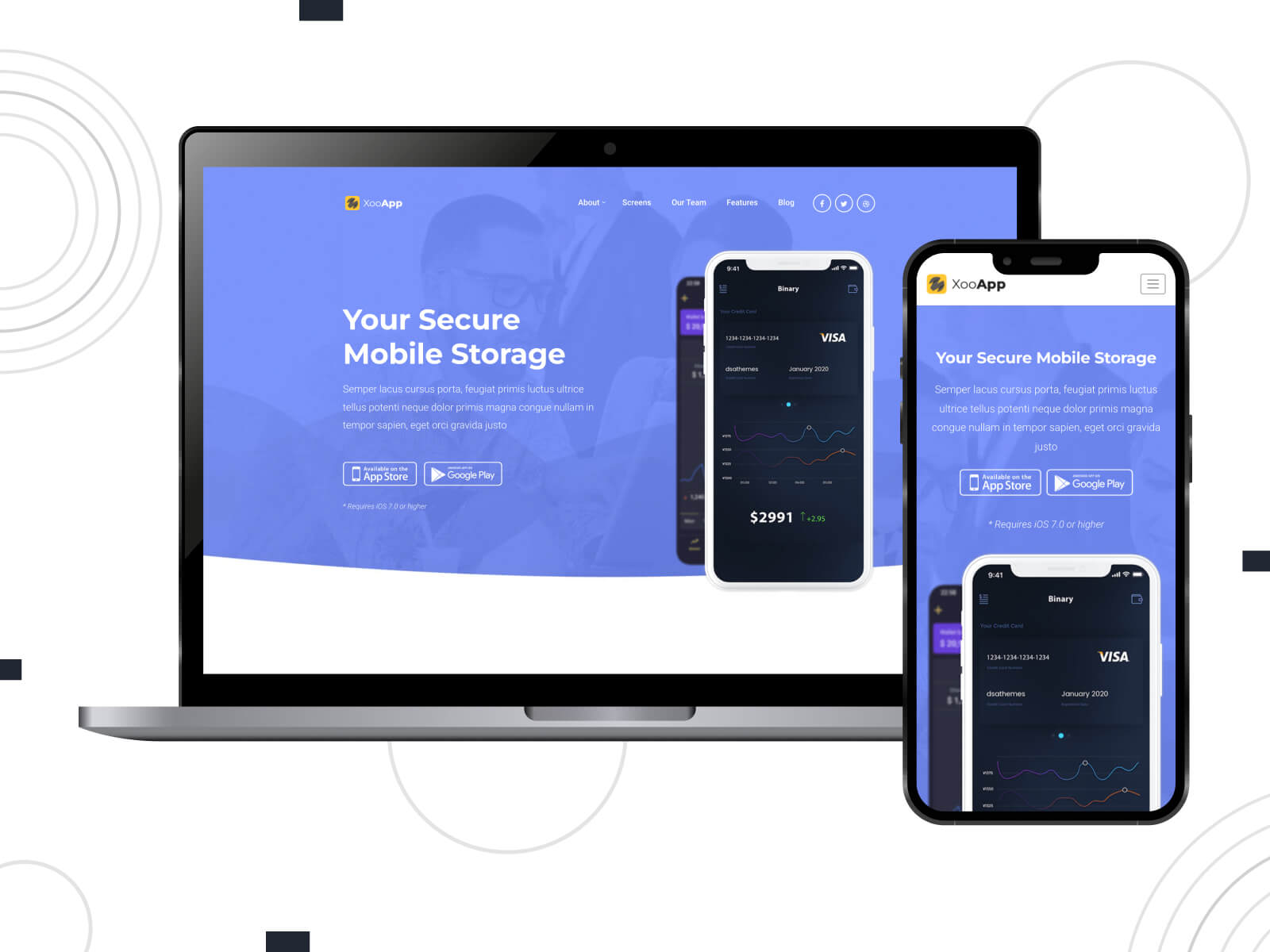 Picture of XooApp - mobile-responsive landing page template using Elementor in cornflowerblue, darkslateblue, and goldenrod color palette.