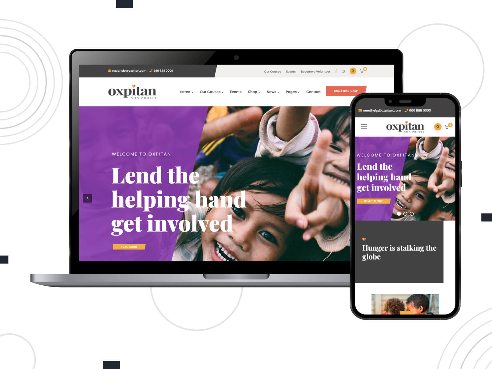 Illustration of Oxpitan - bright, cool, donation-ready WordPress theme for charitable institutions in dark orchid, dark olive green, and light gray color mix.