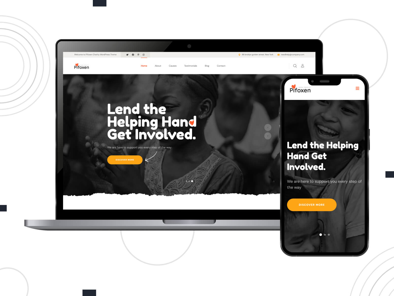 Image of Pifoxen - dim, calm, responsive WordPress theme for non-profit organizations and charities in orange, and orange red color mix.