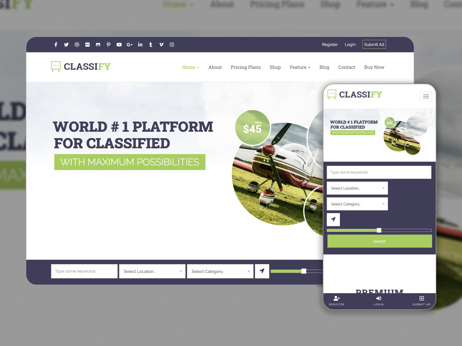 Image of Classify - premium and feature-rich theme for ad websites with geolocation support in white, limegreen, darkslategray, and lightcyan palette.