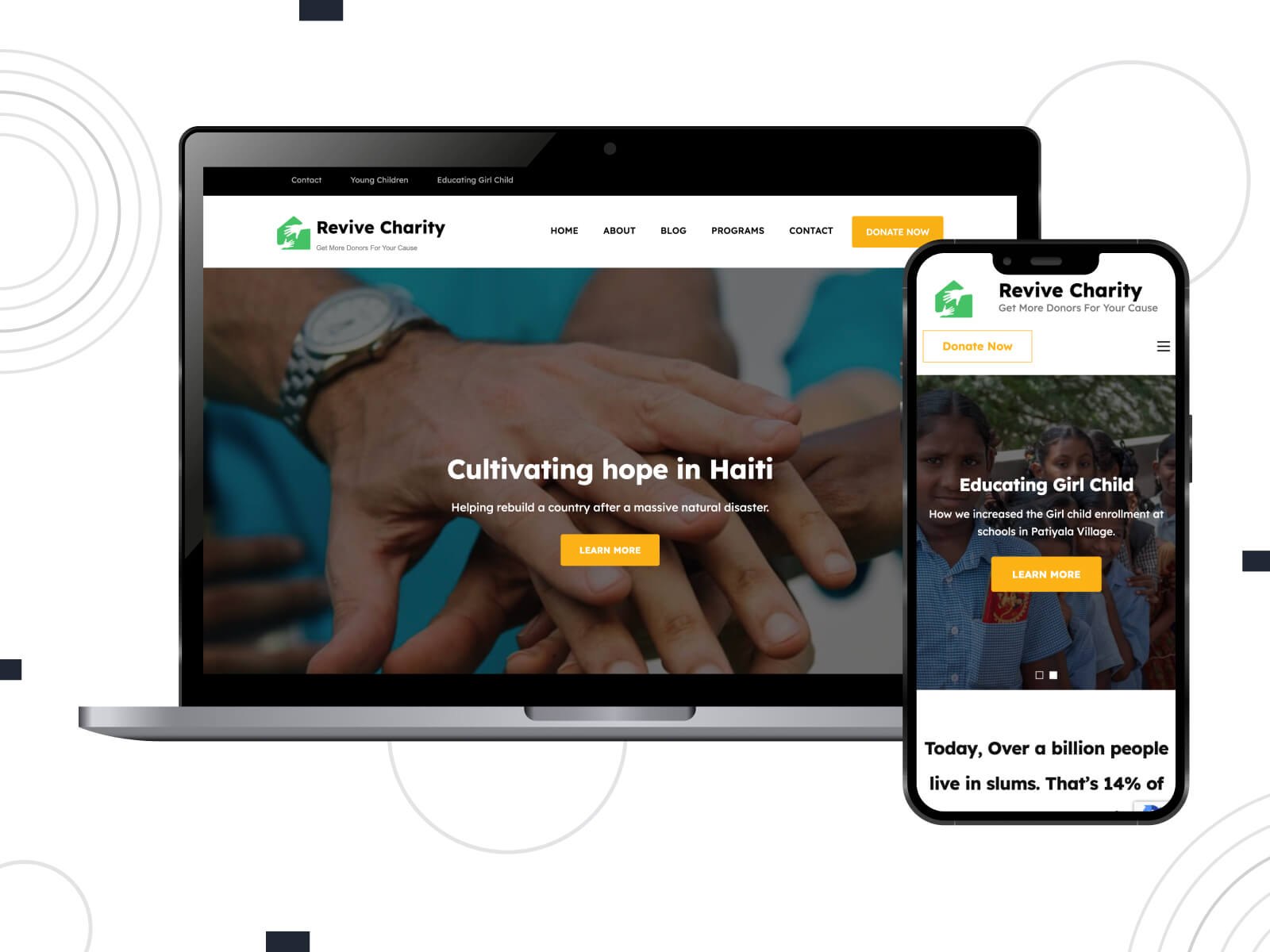 Collage of Revive - shadowed, rich, minimalist WordPress template for non-profit organizations in dark sea green, burlywood, and black color palette.