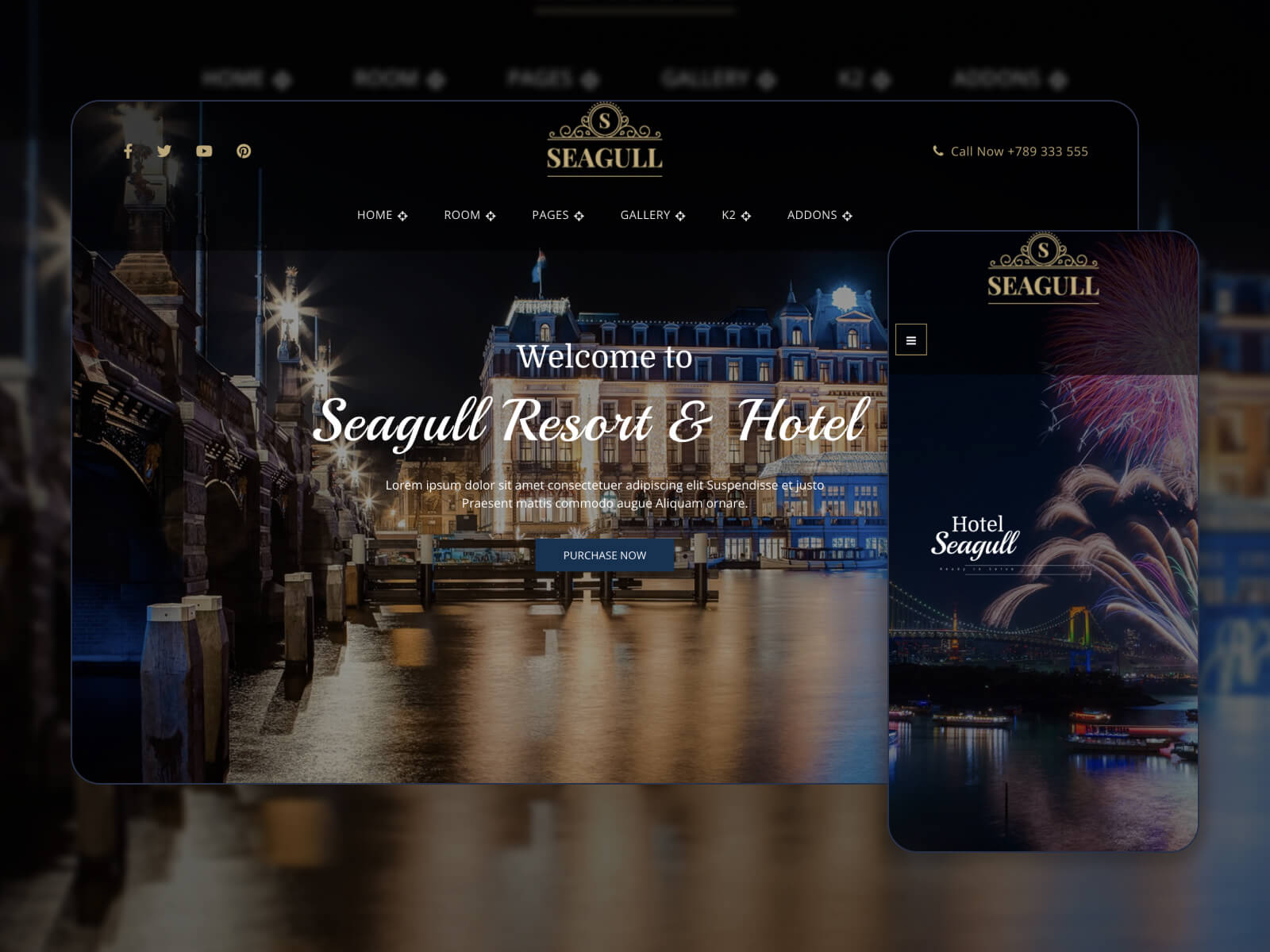 Screenshot of Seagull - best responsive design hotel booking website template for WordPress in dimgray, darkslategray, linen, and black hues.