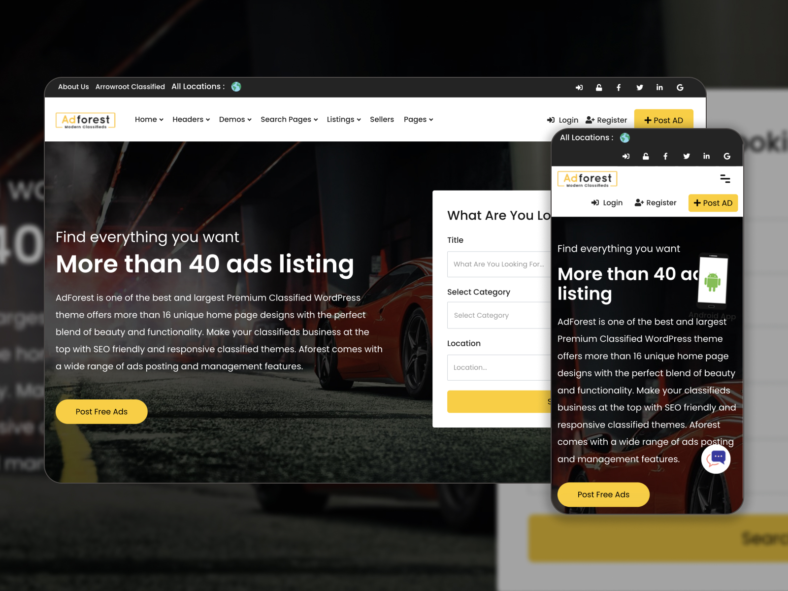 Illustration of AdForest - modern & multilingual theme for classifieds with monetization options in black, white, gold, and yellow pigment selection.