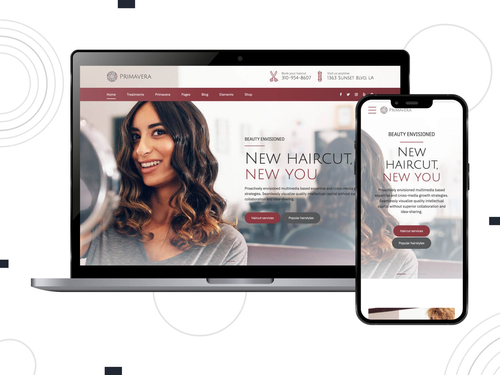 Collage of Primavera - bright, inviting, easy-to-use WordPress template optimized for barbershops in saddle brown, sienna, and gray color palette