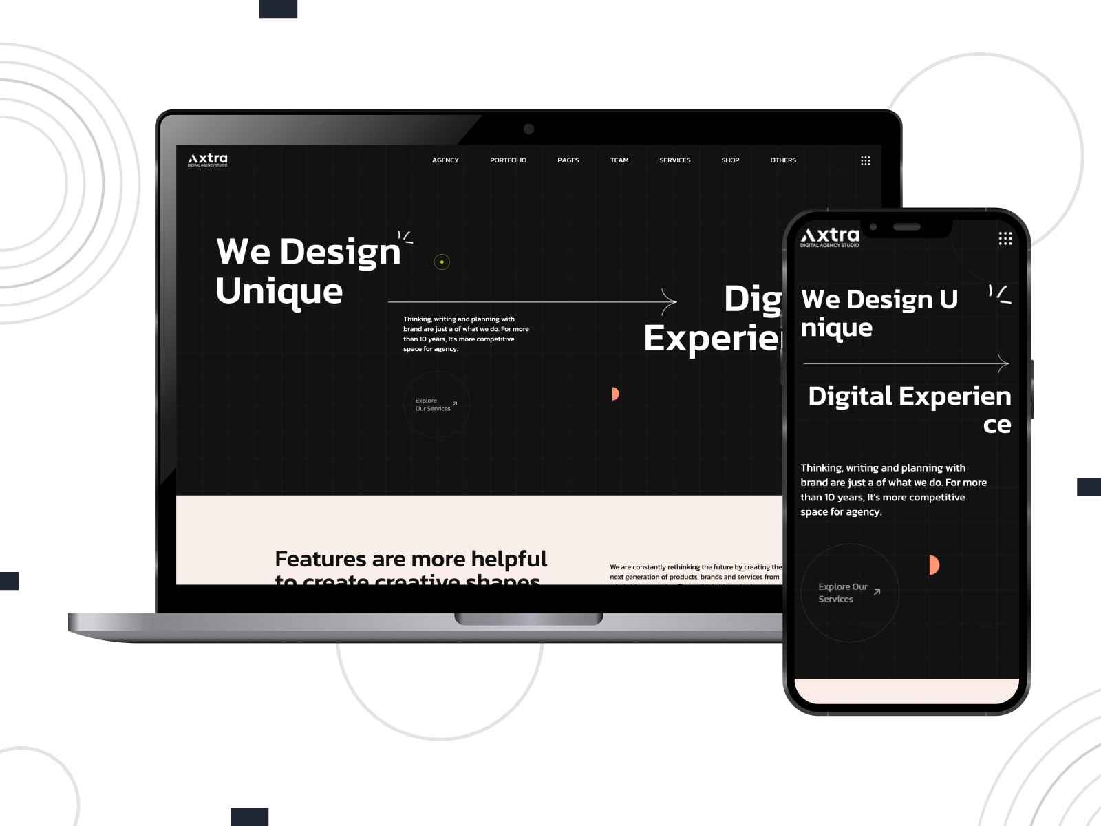Collage of the Axtra digital agency template in dark mode for futuristic sites.