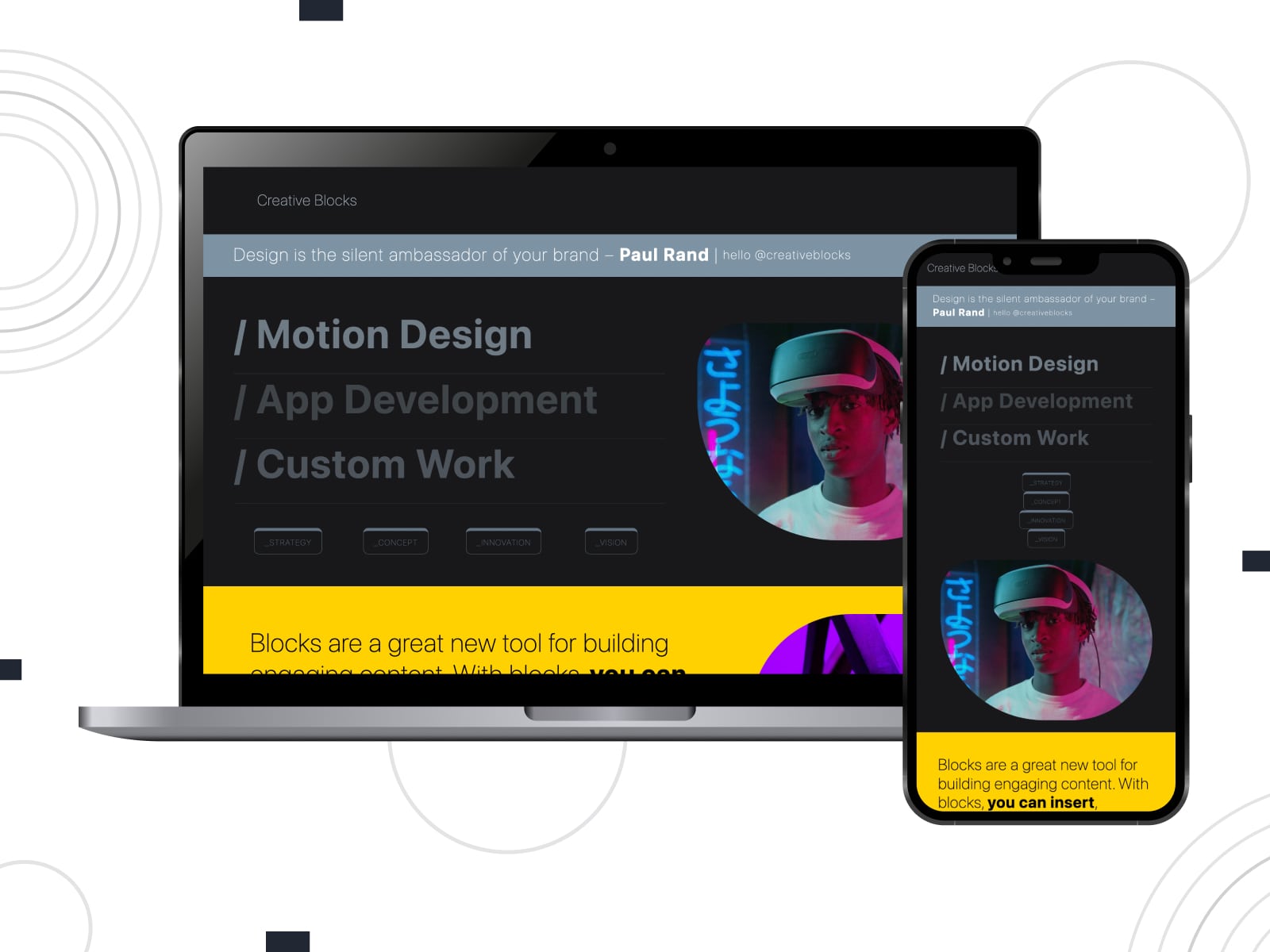 Collage of the Creative Blocks futuristic WordPress theme in dark mode.