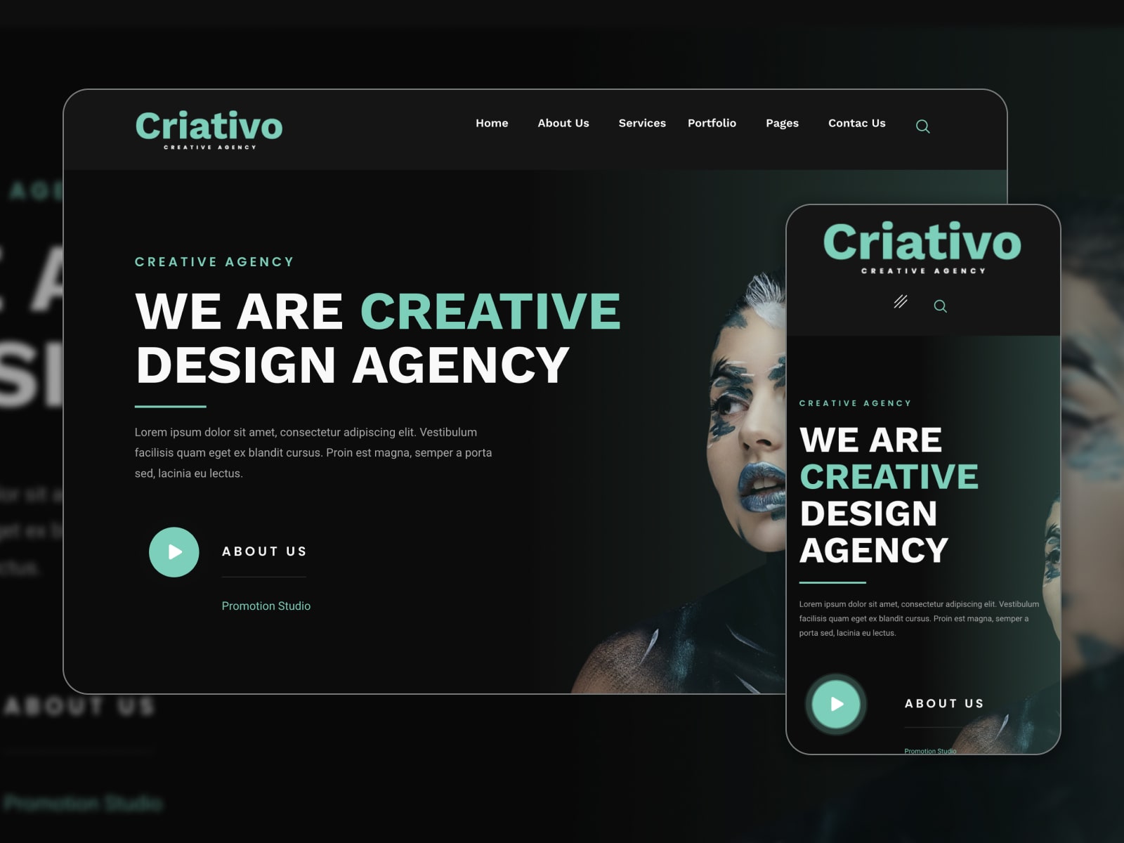 Collage of the Criativo creative portfolio template kit for websites in dark mode.