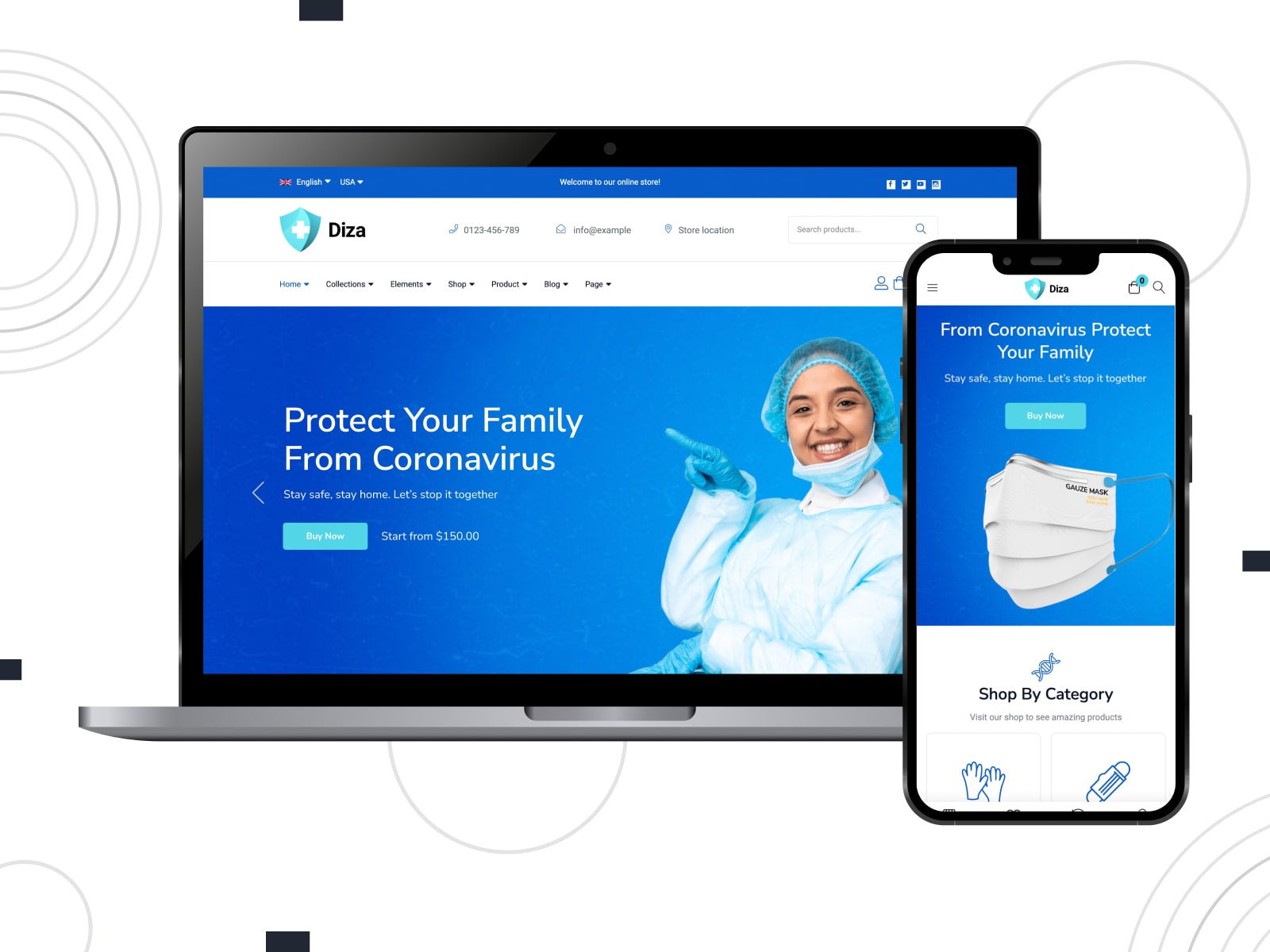 Collage of the Diza pharmacy theme for WordPress websites in dark-blue and white colors in desktop and mobile versions.