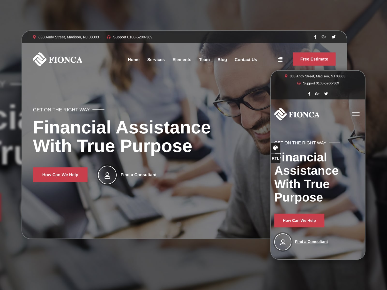 Collage of the Fionca templates for Elementor advisor websites in gray, white and red colors.