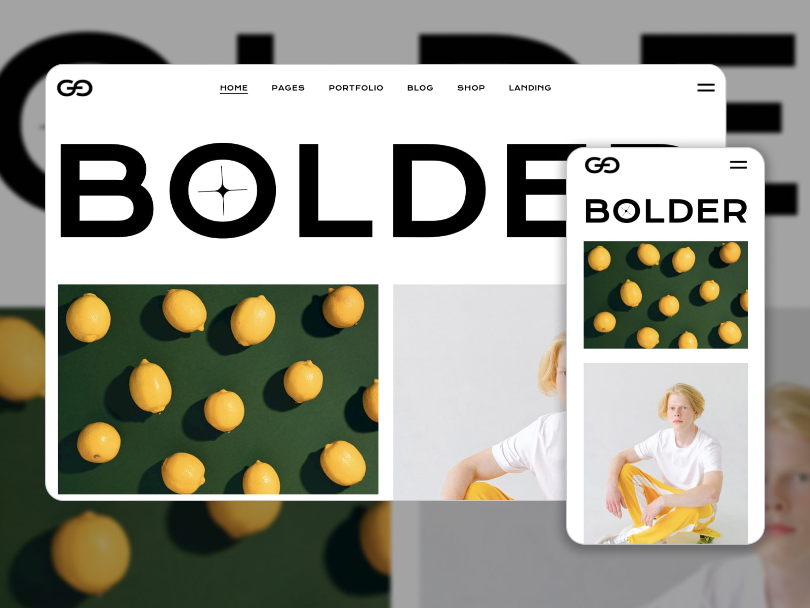 Collage of the Gracey creative portfolio demo template in green, yellow and white colors.