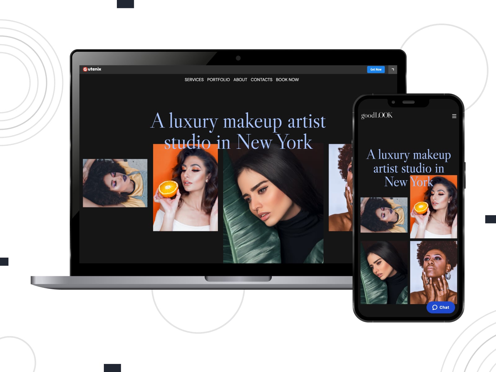 Collage of the Gutenix futuristic GoodLook demo for makeup artists in dark mode. art