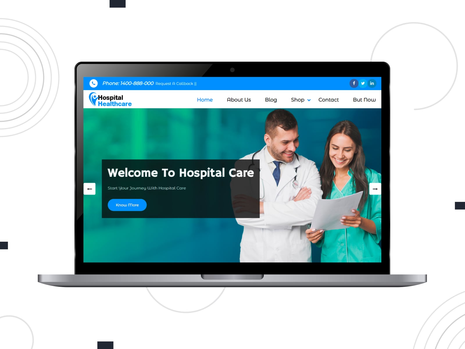 Collage of the Hospital Health Care pharmacy WordPress theme demo page in blue, green and white colors.
