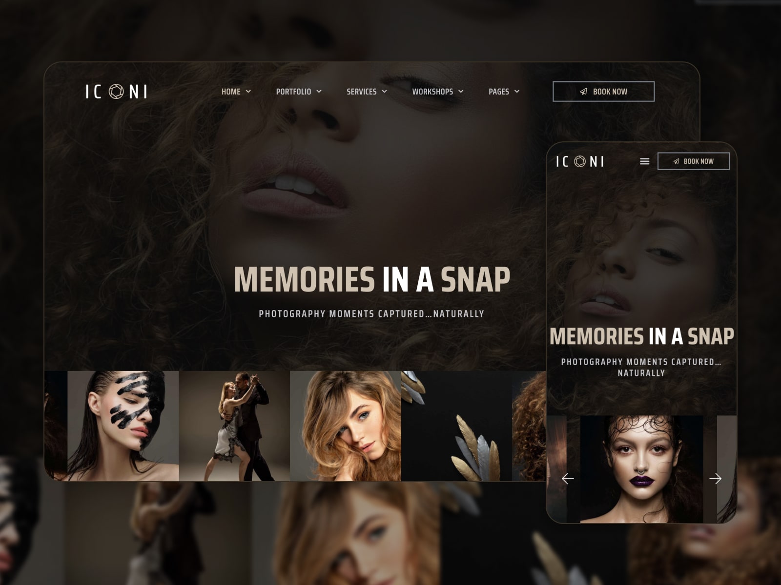 Collage of the Iconi Elementor portfolio photography template kit in dark mode.