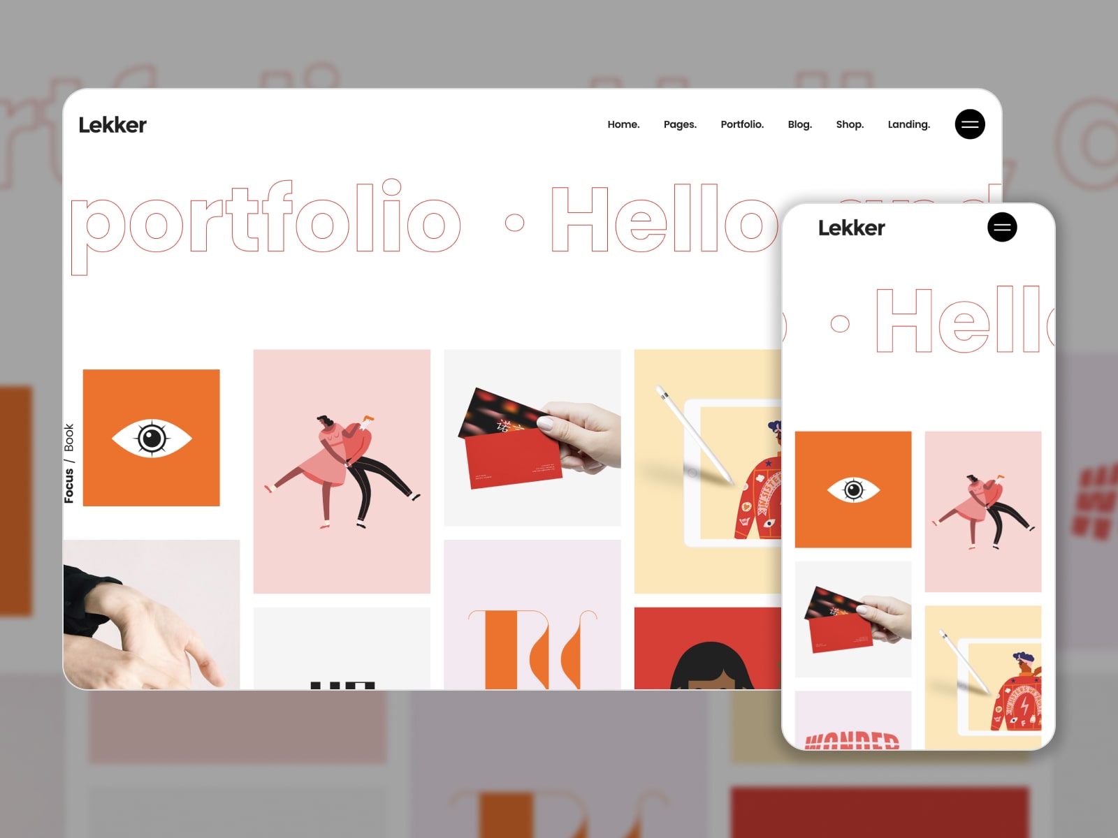 Collage of the Lekker portfolio templates for illustrator Elementor websites in orange, pink and gray colors.