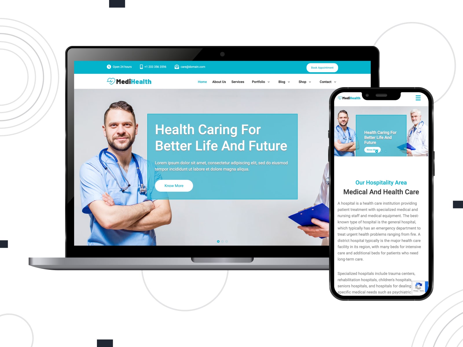 Collage of the MediHealth free theme demo page for WordPress pharmacy shop site in blue, green, white and gray colors in mobile and desktop versions.