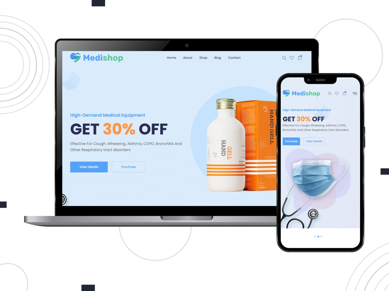 Collage of the MediShop premium WordPress theme pharmacy template in blue, white and orange colors.