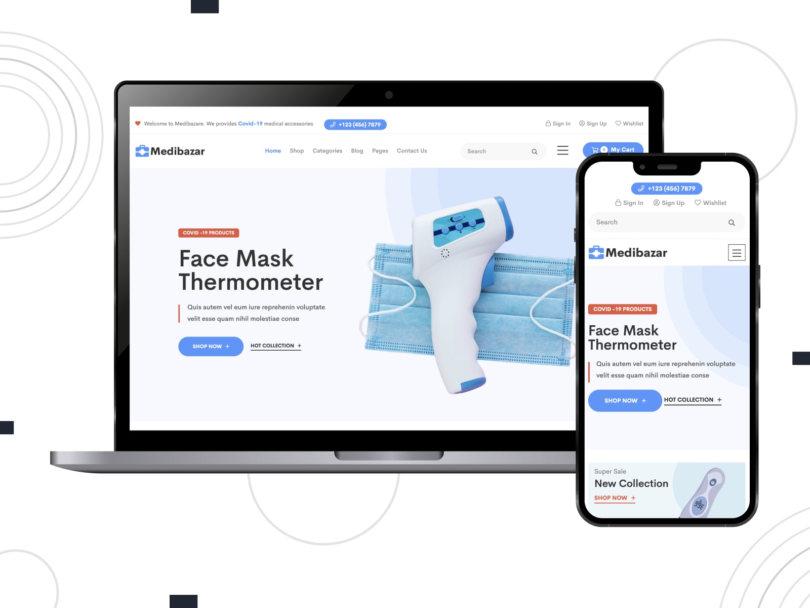 Collage of the Medibazar ecommerce pharmacy theme for store websites in blue and white colors.