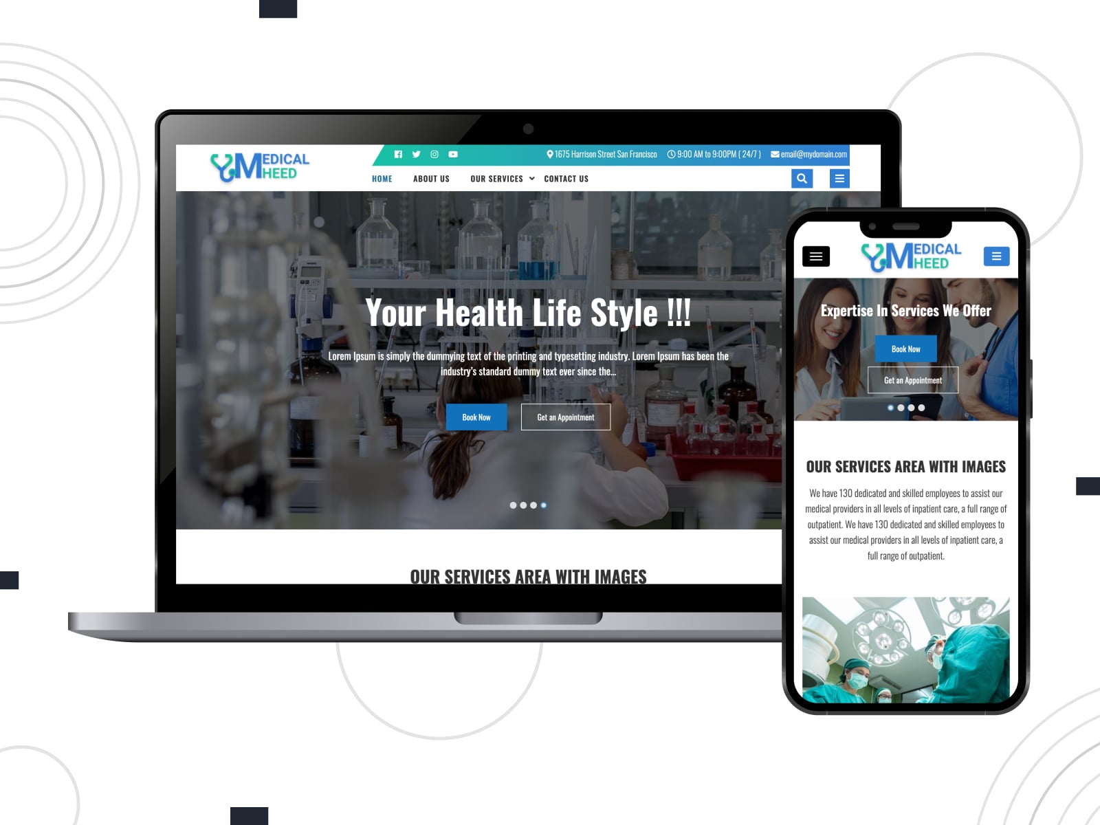 Collage of the free Medical Heed theme demo on desktop and mobile screens for WordPress pharmacy sites in blue, white, green and gray colors.