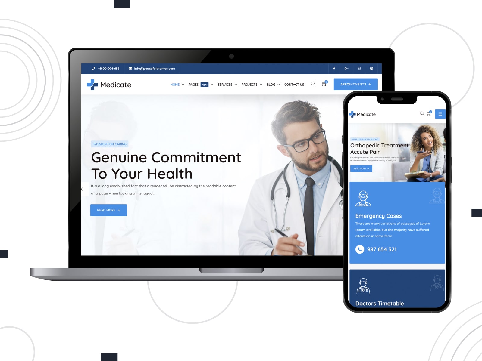 Collage of the Medicate pharmacy theme in desktop and mobile version for medical websites in blue and white colors.