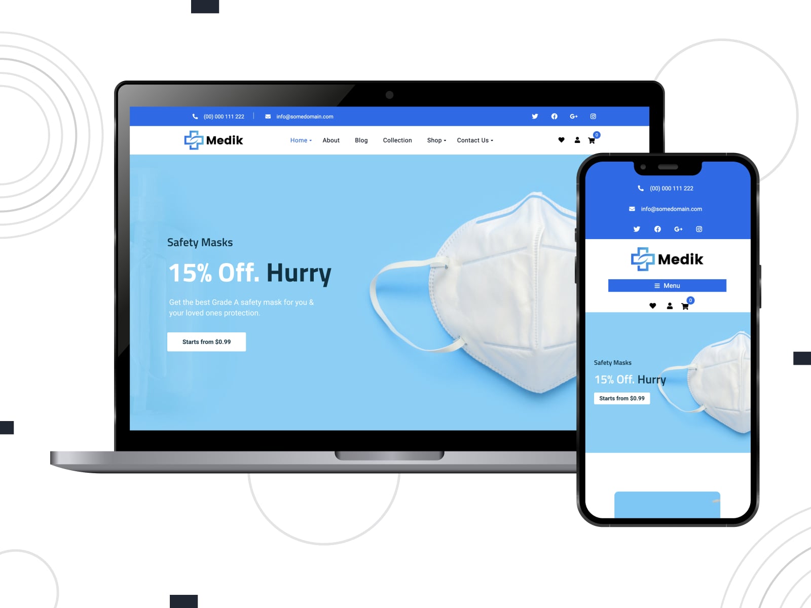 Collage of the Medik pharmacy WordPress theme demo page in blue and white colors.