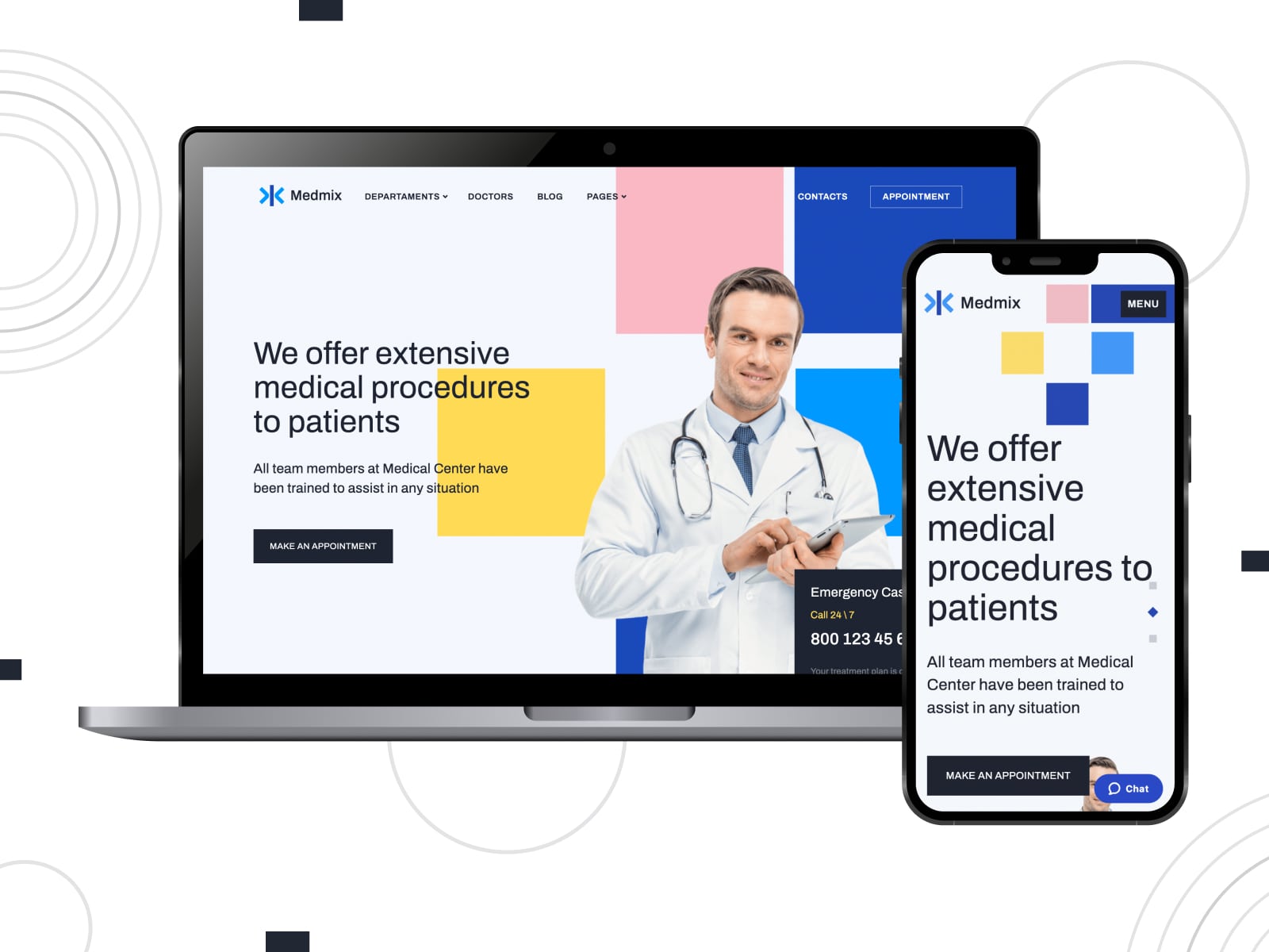 Collage of the Medmix medical theme for WordPress pharmacy sites in blue, white, pink and yellow colors.