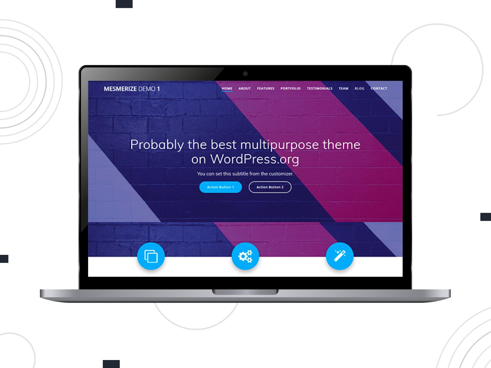 Collage of the Mesmerize free futuristic WordPress theme demo page in blue, violet and white colors.