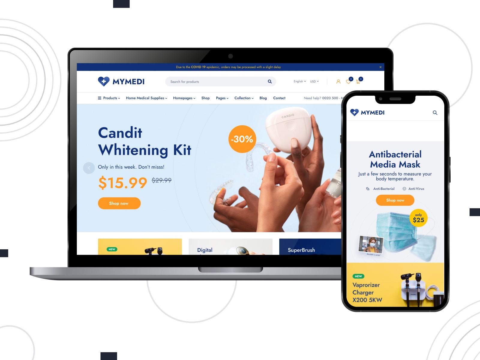 Collage of the premium MyMedi pharmacy theme template in blue, white and yellow colors.