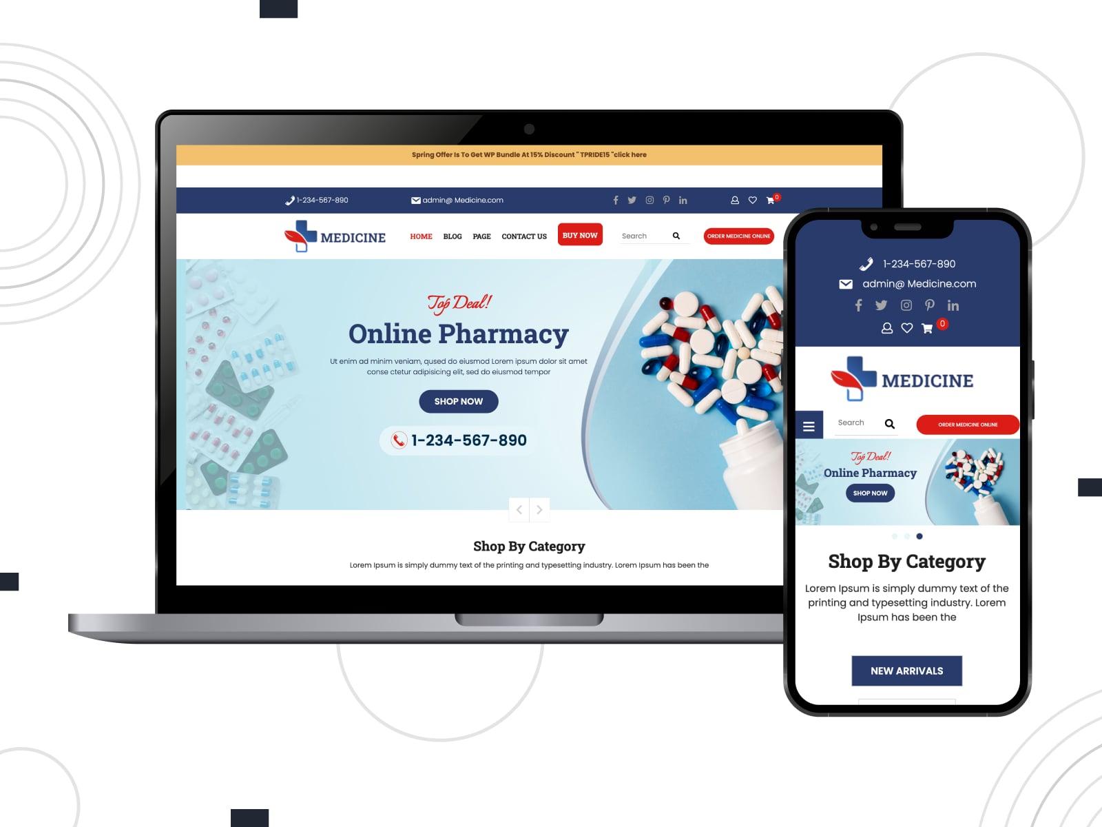 Collage of the Online Pharmacy free WordPress theme demo page in dark-blue, blue and white colors.