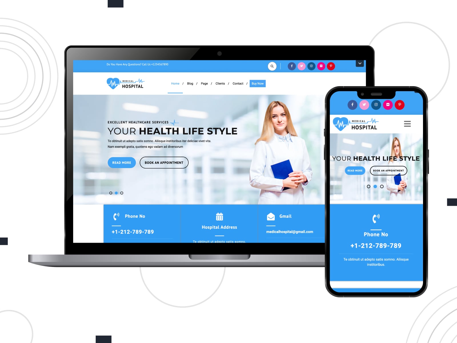 Collage of the free VW Medical Care theme for pharmacy store sites in blue and white colors on mobile and desktop screens.