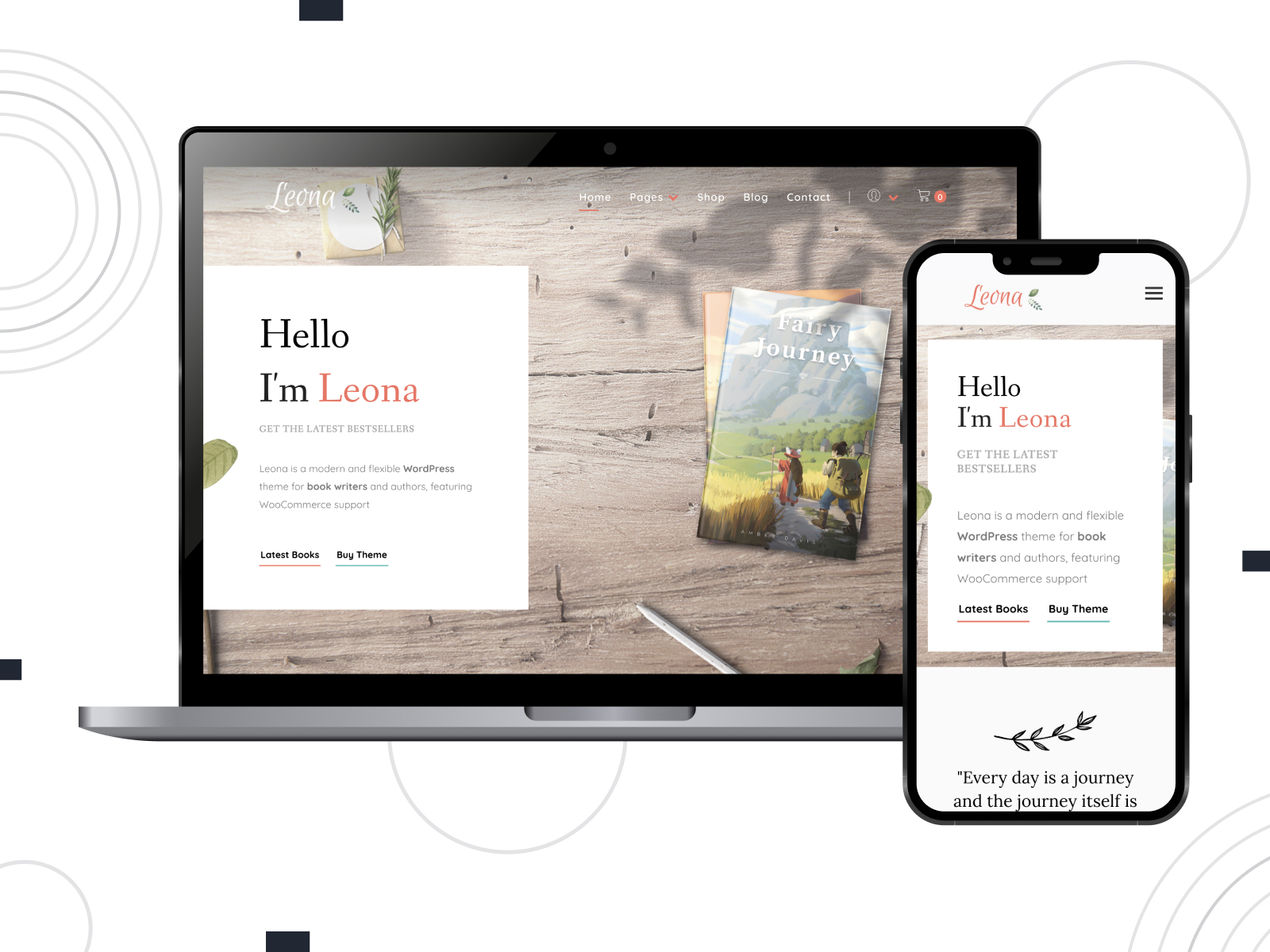 Illustration of Leona - modern & customizable theme for authors and bloggers with hand-picked icon set in white, darksalmon, white, and gray pigment selection.