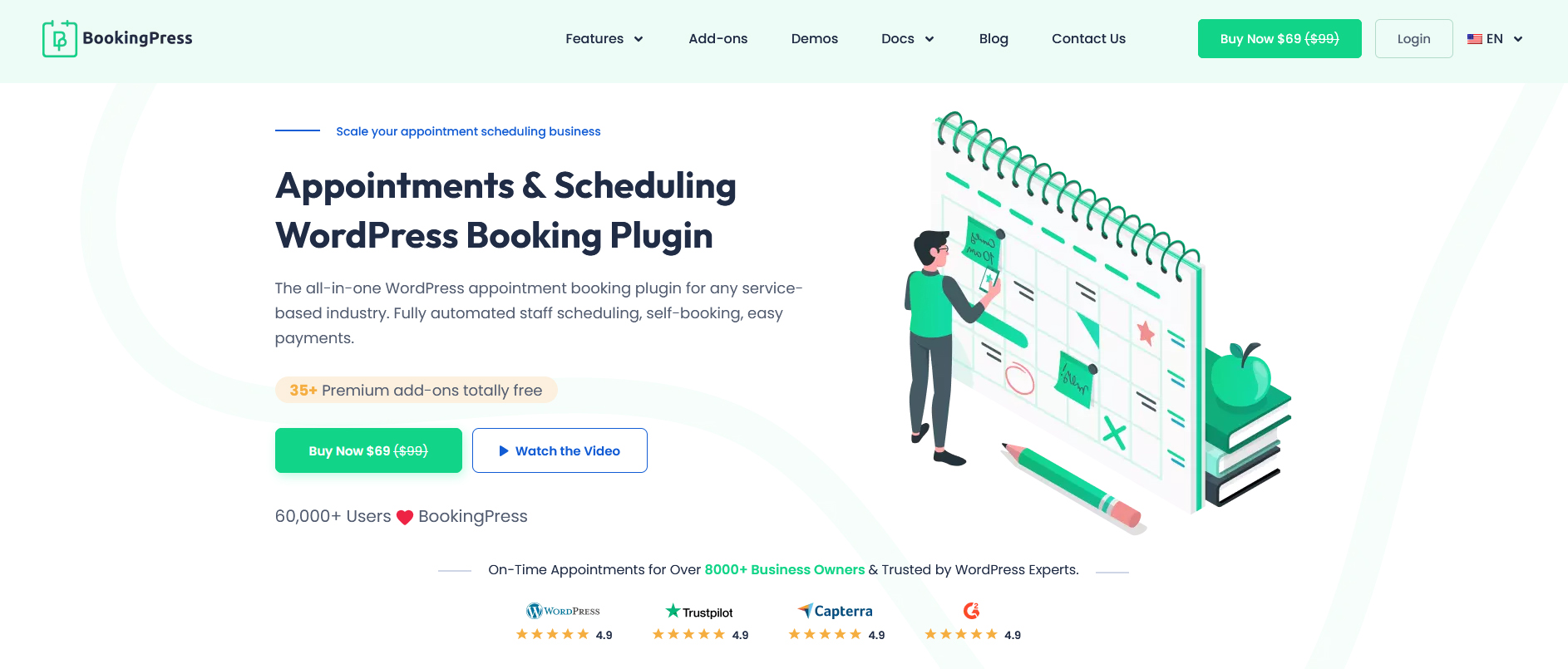 Depiction of BookingPress - a WordPress plugin for booking activities with interactive wizard to help you customize the activity booking experience.