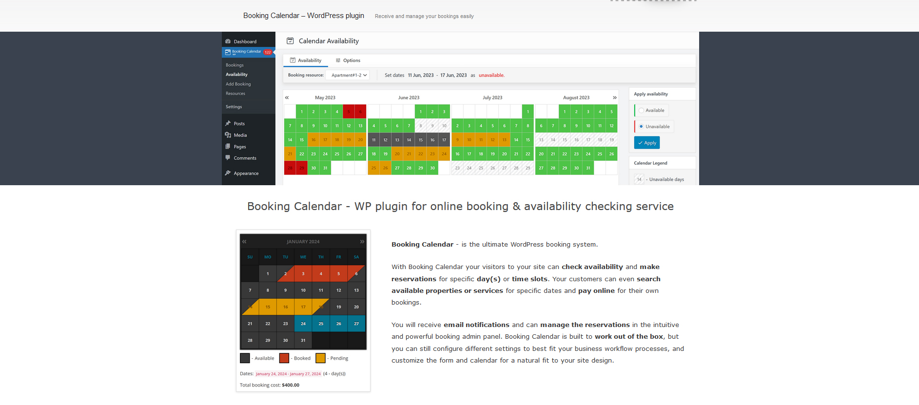 Illustration of Booking Calendar - ready-made plugin for booking activities with customizable email templates for tailor-made notifications.