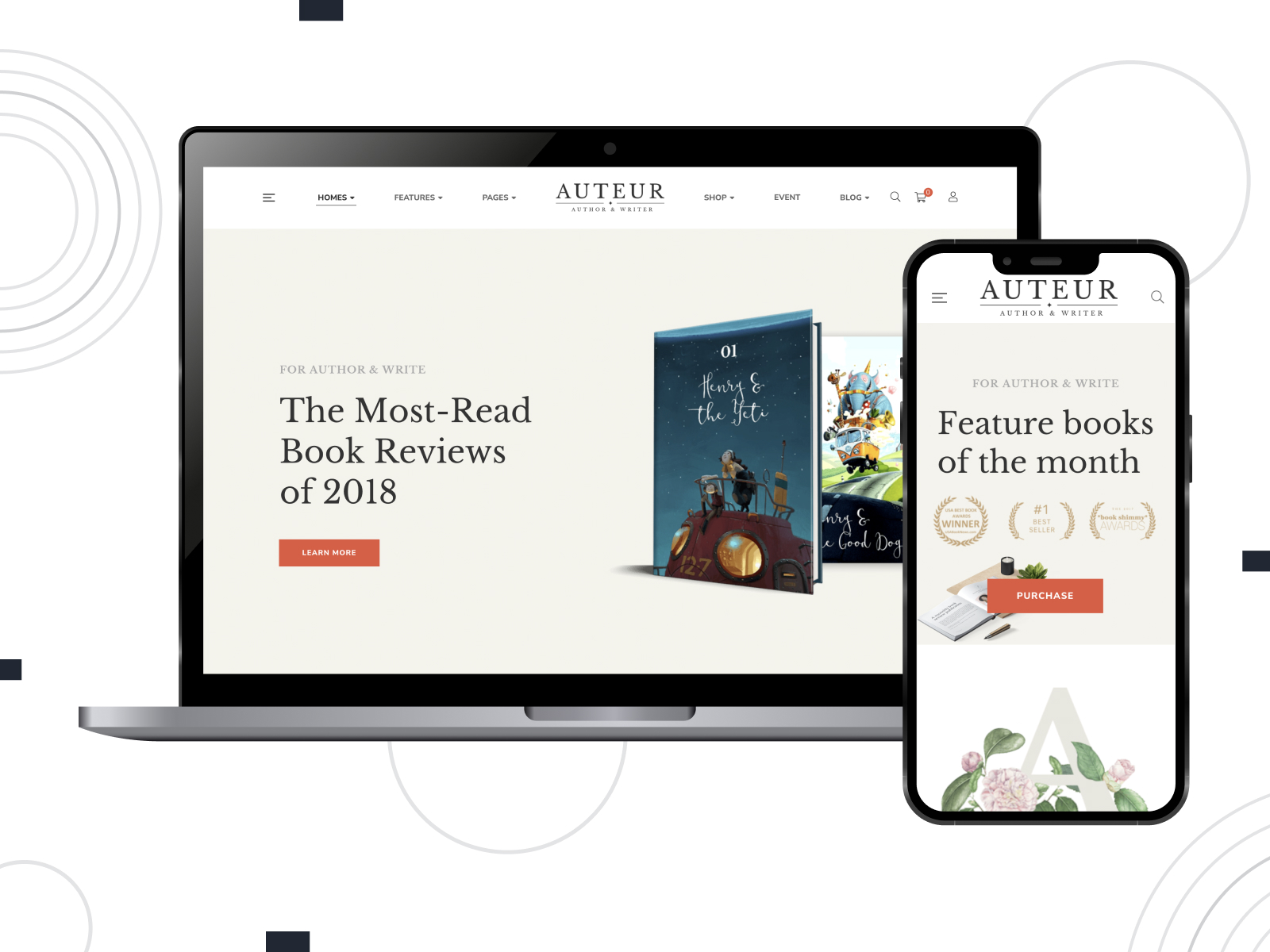 Illustration of Auteur - ready-made & mobile-friendly theme for writers and publishers with manageable typography in white, indianred, lightgoldenrodyellow, and darkgray color gradation.