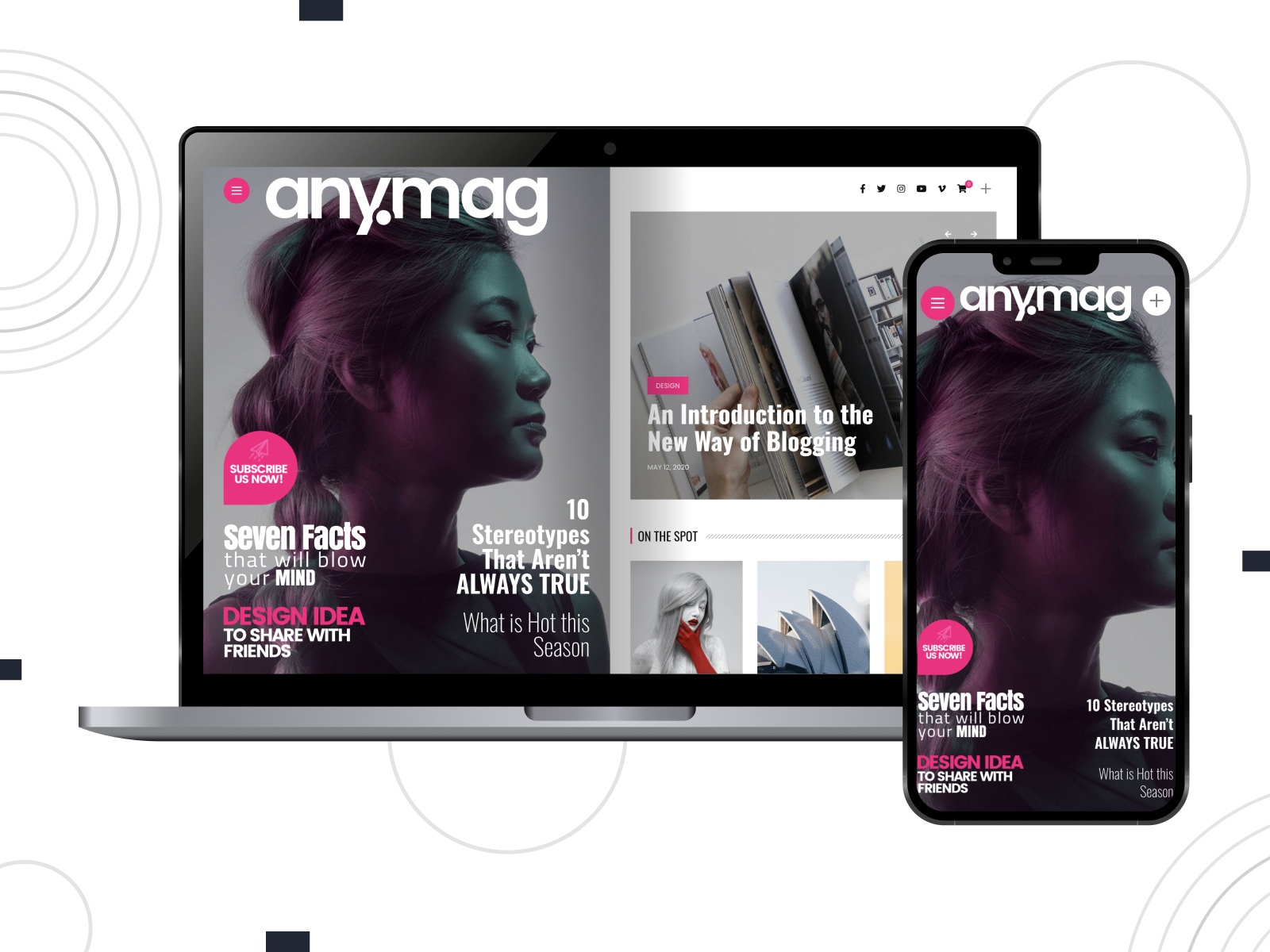 Image of Anymag - magazine-oriented and outstanding theme for authors and bloggers with rich widgets collection in fuchsia, white, black, and lightgray shade combination.