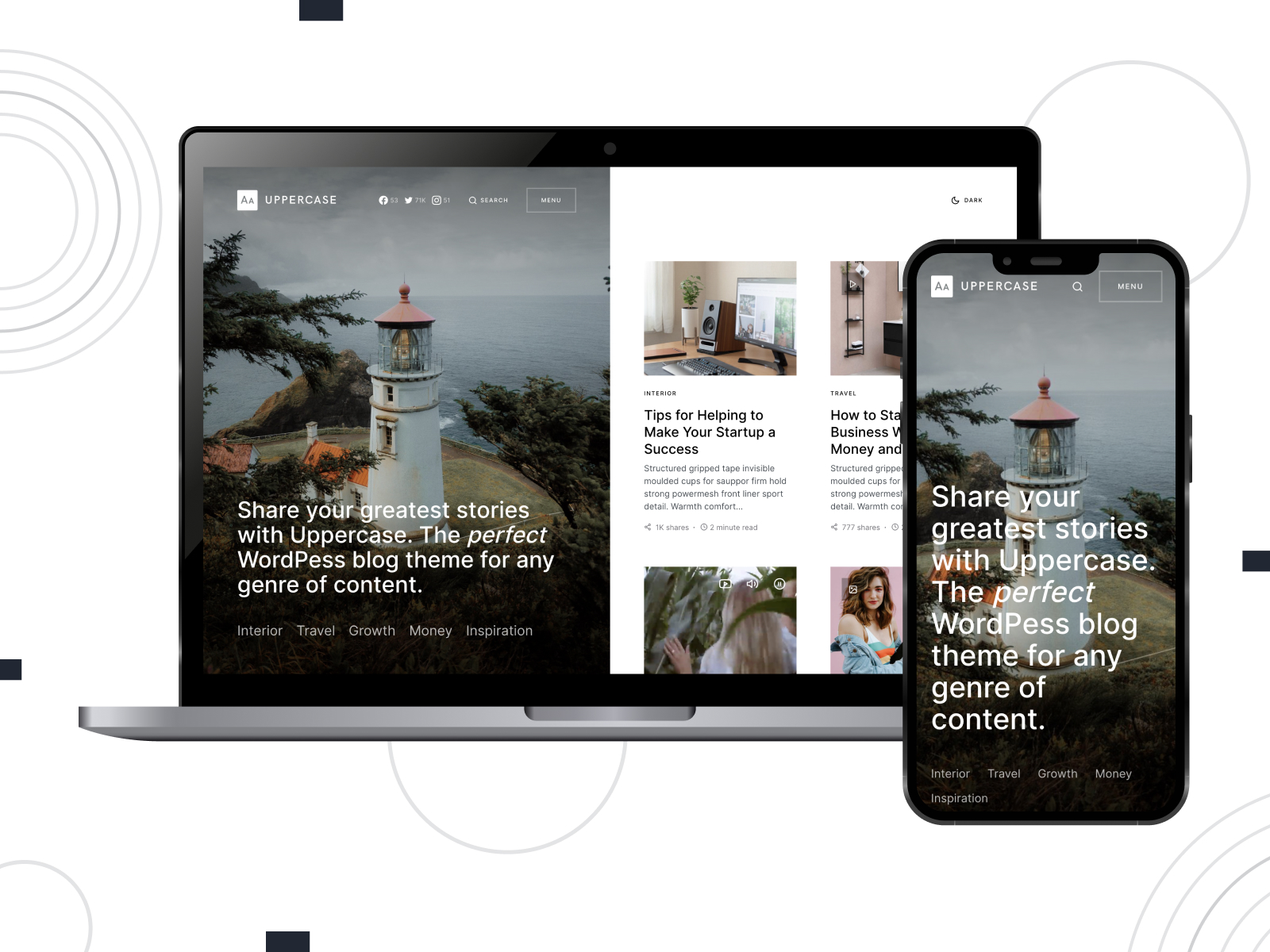 Picture of Uppercase - high-quality WordPress theme for writers with advanced navigation in darkslategray, white, and lightgray tonal scheme.