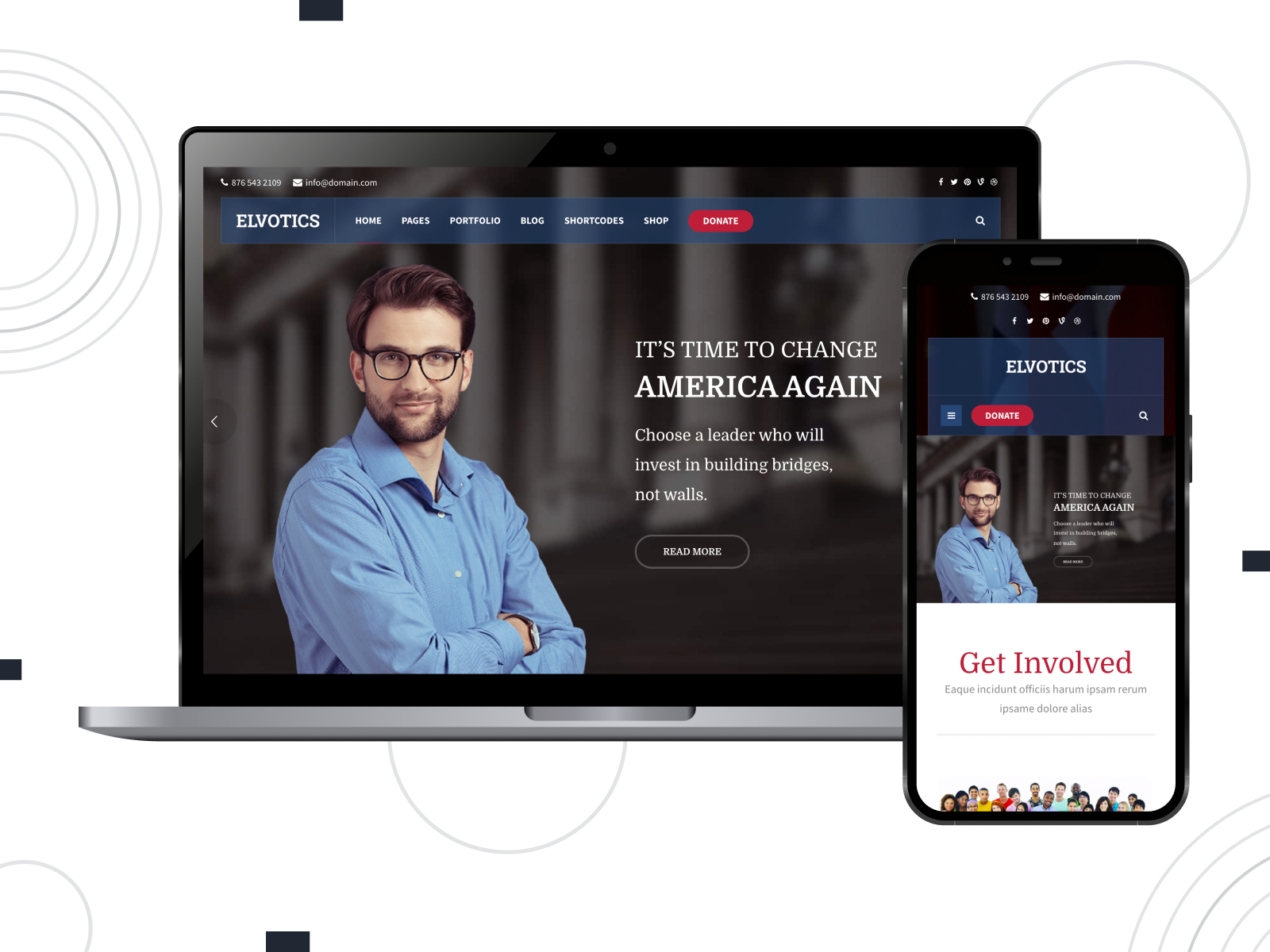 Photo of Elvotics - highly flexible theme for political communities with advanced masonry portfolio in maroon, royalblue, and white color palette.