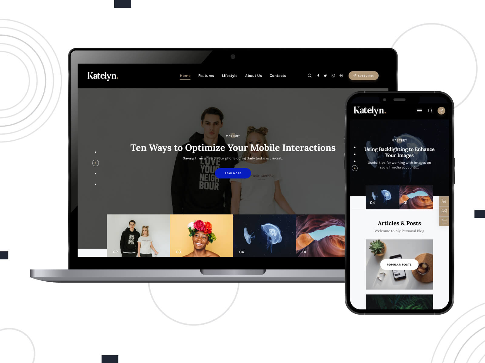 Illustration of Katelyn - dim, cool, intuitive navigation WordPress theme inspired by Medium in light steel blue, slate blue, and light gray color palette.