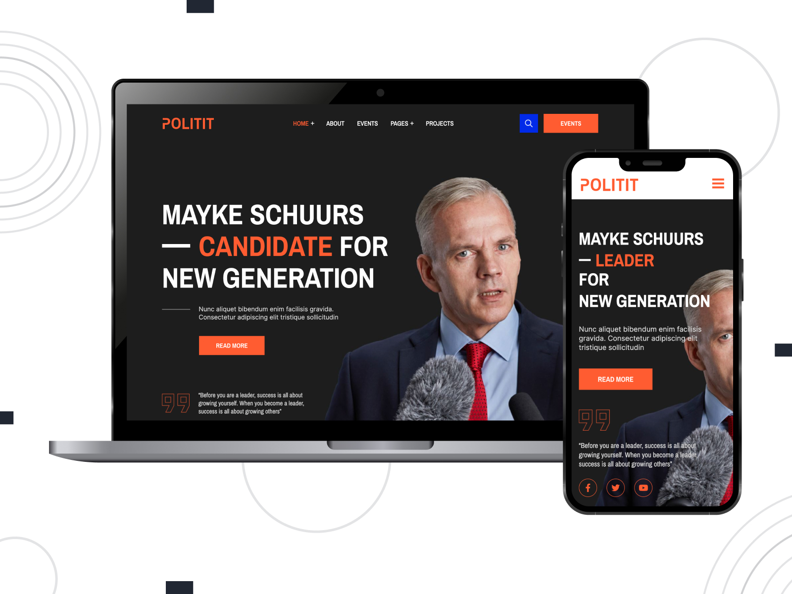 Picture of Politit - responsive and fully-fledged theme for political commentary websites with switchable sticky menu in orangered, mediumblue, and white pigment arrangement.