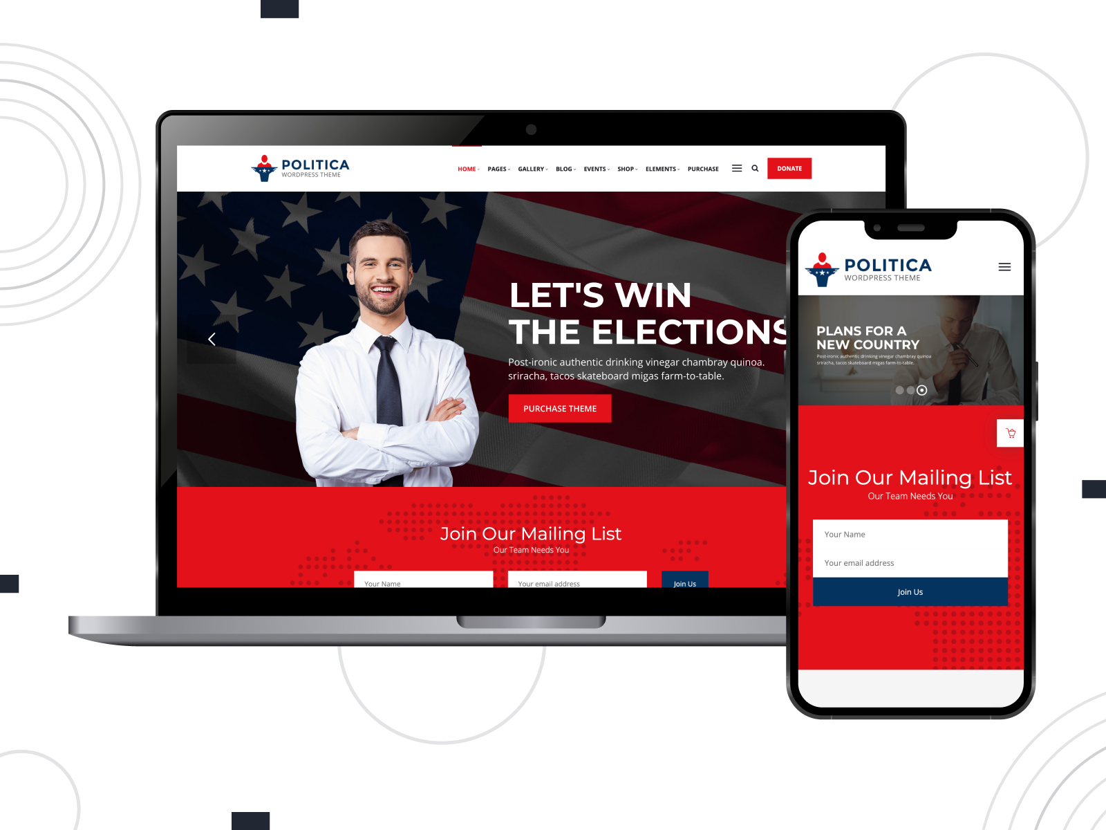 Design of Politica - responsive and unique theme for political commentary websites with advanced social integration in red, midnightblue, and white pigment arrangement.