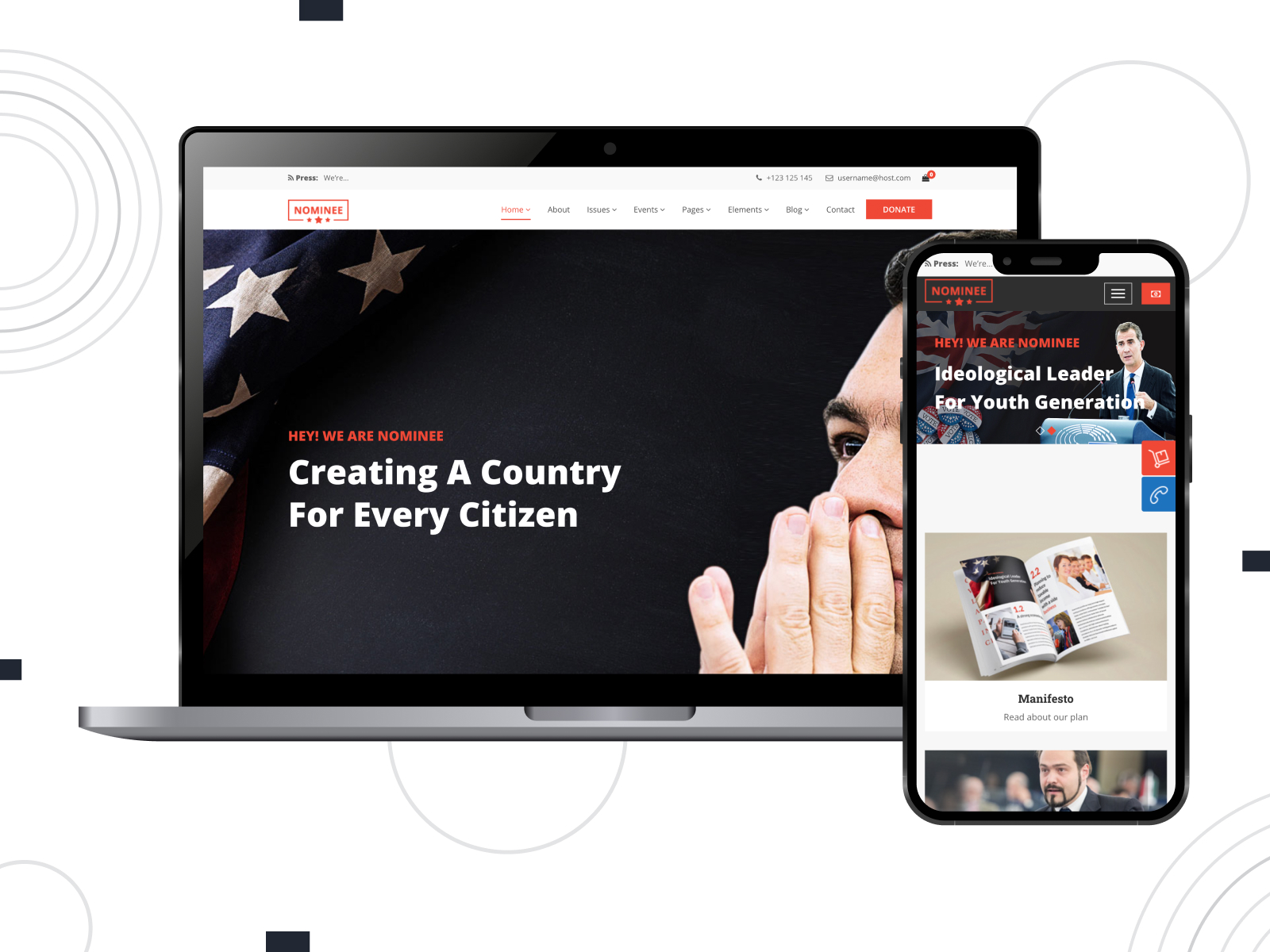Picture of Nominee - innovative & responsive theme for political candidate websites with a variety of layouts in darkorange, white, and darkslategray color gradation.