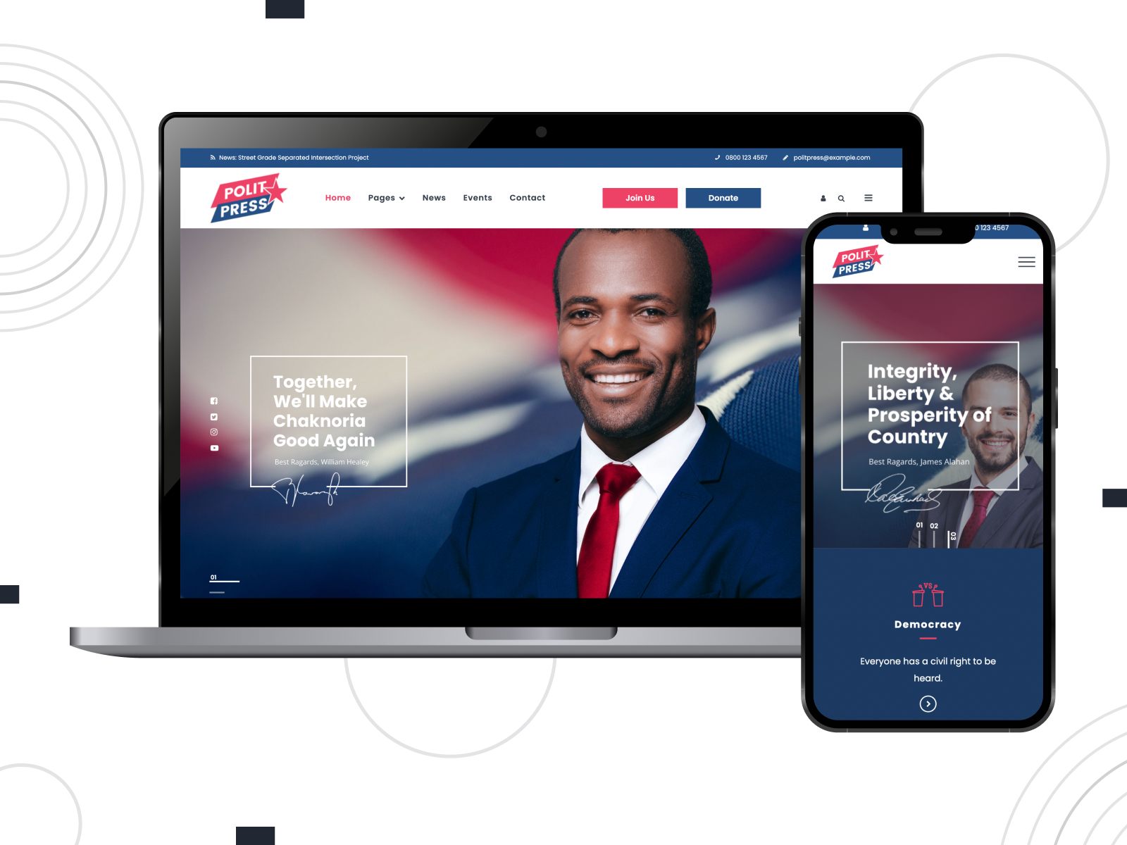 Rendering of Politpress - well-designed and user-friendly theme for political organizations with dynamic accent colors in white, steelblue, and crimson palette.