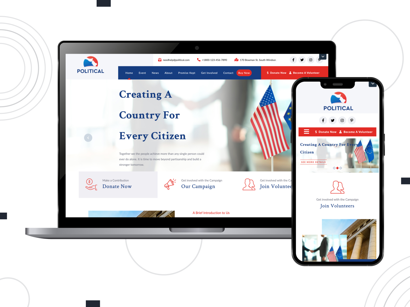 Representation of Political Campaign - free, innovative & responsive theme for political candidates with WooCommerce compatibility in darkorange, white, and midnightblue color gradation.