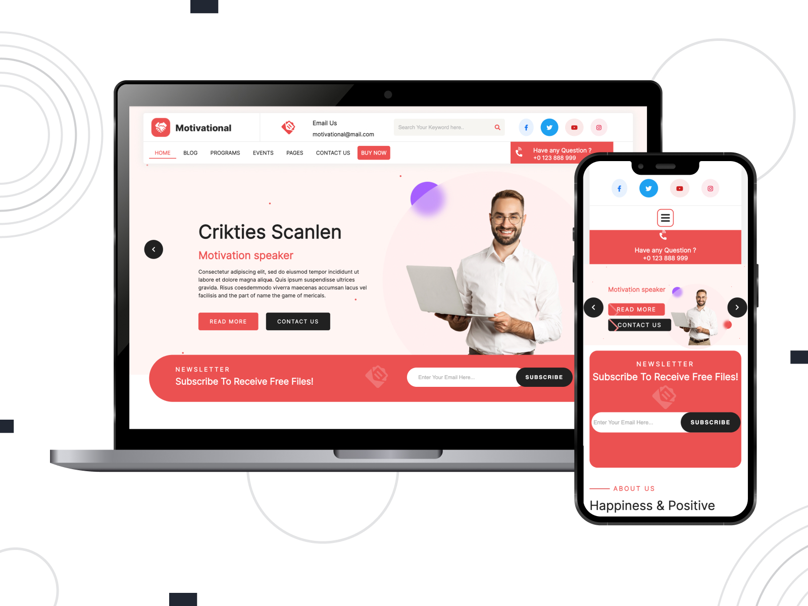 Figure of Motivational Speaker - modern, free, and flexible theme for coaching & political websites with powerful search system in white, lightcoral, and black palette.
