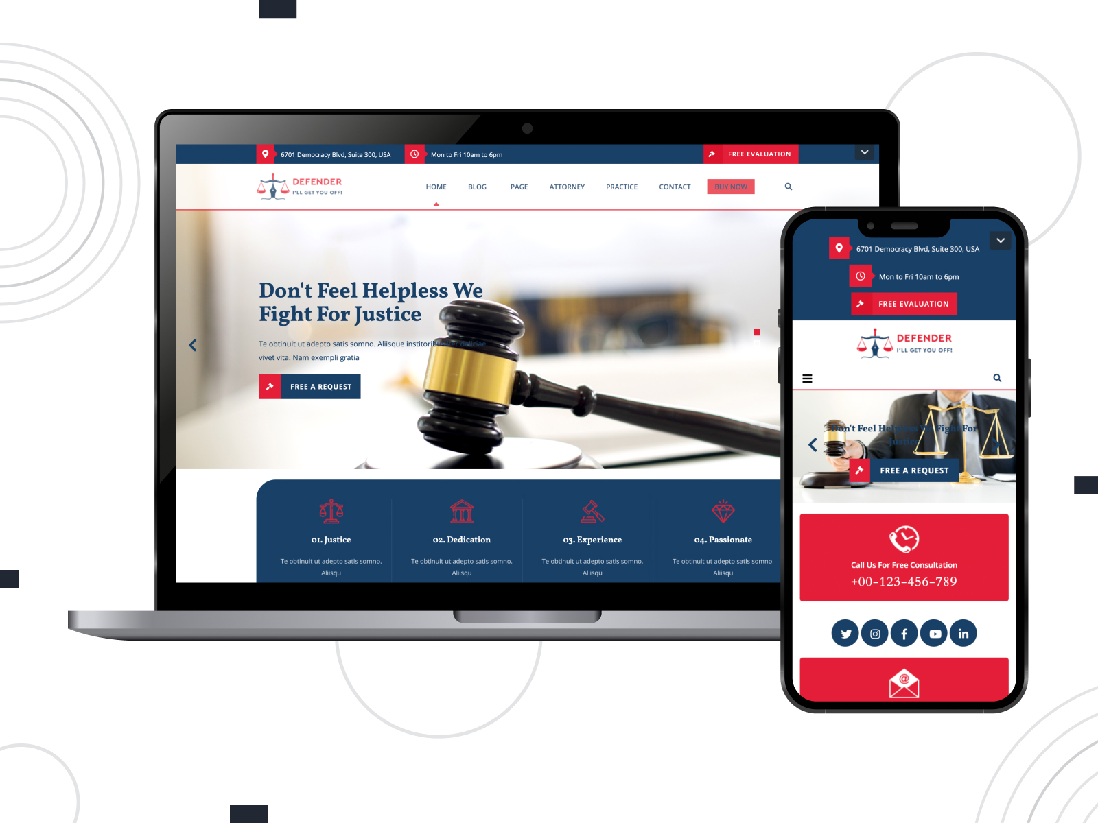 Visual of Law Firm Lite - intuitive and feature-rich theme for attorneys and politicians with full-width & sidebar page layouts in midnightblue, crimson, and white palette.