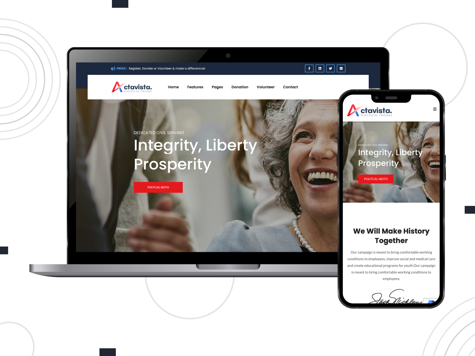 Snapshot of Actavista - fully responsive & easy-to-edit theme for political websites with memberhsip management in red, white, and darkslateblue chromatic scheme.