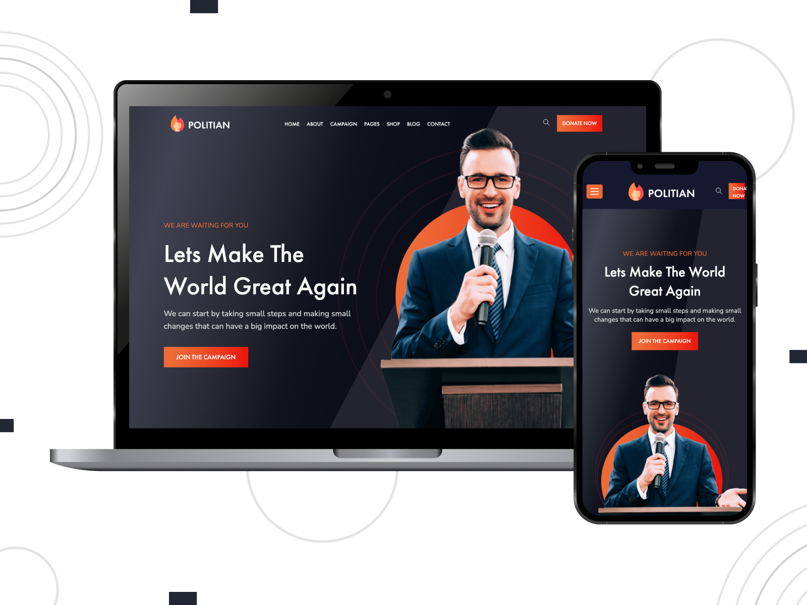 Depiction of Politian - powerful & flexible theme for political resources with SEO-ready layouts in coral, white, and midnightblue composition.