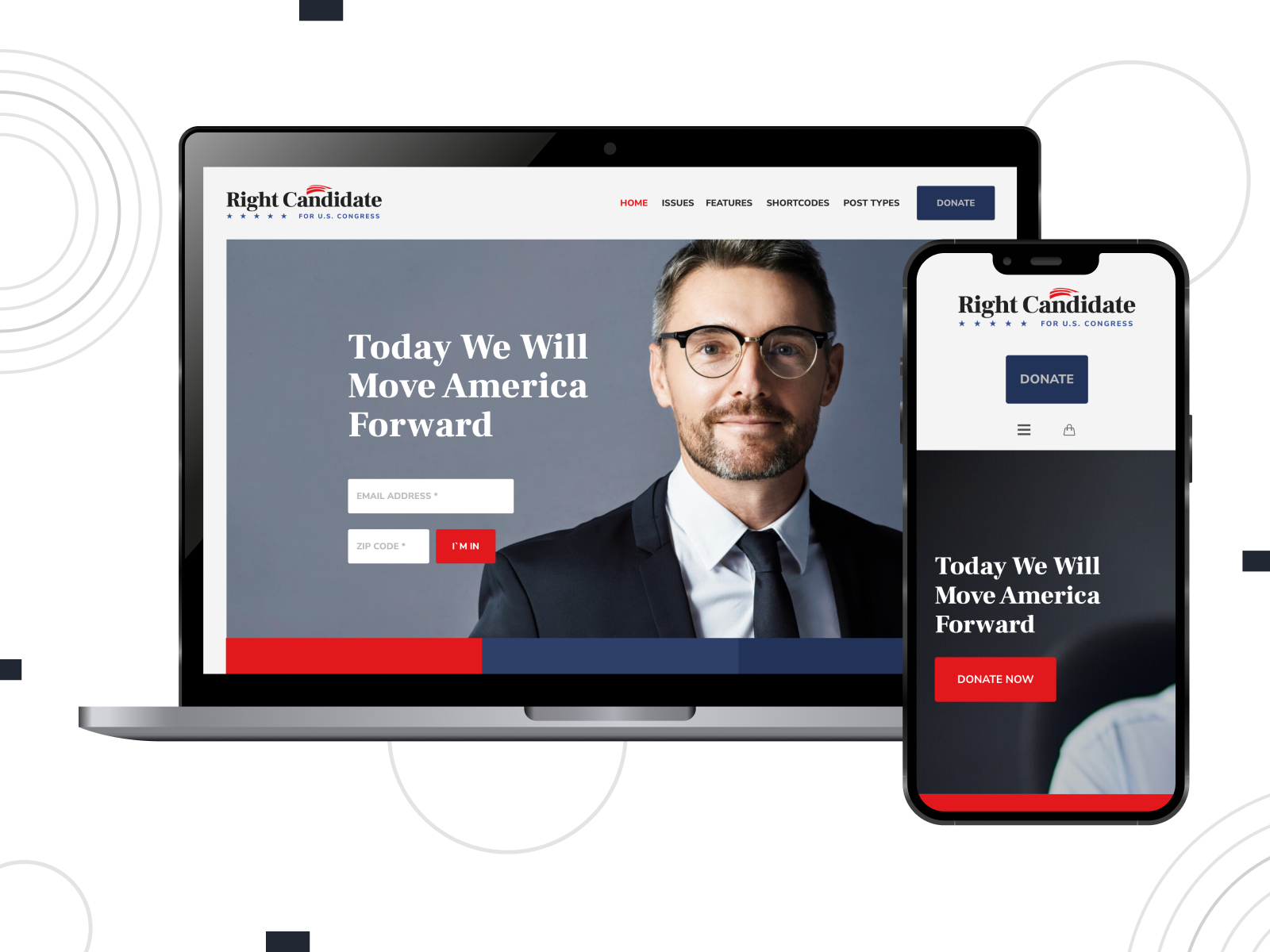 Artwork of Right Candidate - editable theme for political candidates with eCommerce-ready shop pages in white, midnightblue, and red colorway.